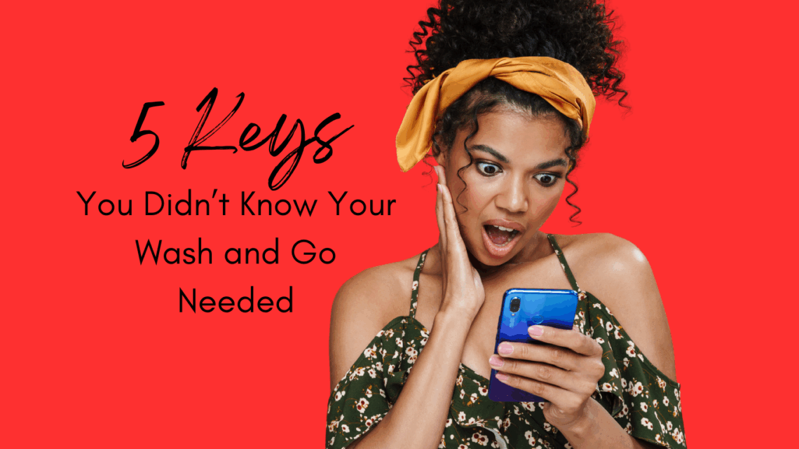 Woman of color looking down at her phone with her hand up to her cheek with a shocked expression. she has curly hair and she's wearing a floral off the shoulder top in front of a red back ground. the text is about tips you didn't know your wash and go needed.