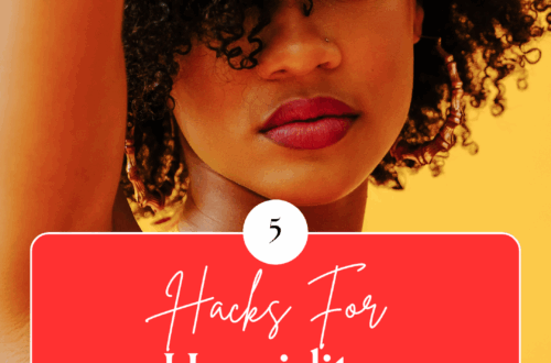 Black woman with naturally curly hair wearing a yellow shirt with a yellow background posing with her hand touching her hair. with text about humidity proof hair for summer weather.