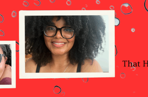 Three different photos on a red back drop with water droplets. One photo of a woman shampooing her hair, another photo of woman with natural hair and glasses and a third photo of a woman with big natural moisturized hair and glasses.
