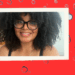 Three different photos on a red back drop with water droplets. One photo of a woman shampooing her hair, another photo of woman with natural hair and glasses and a third photo of a woman with big natural moisturized hair and glasses.