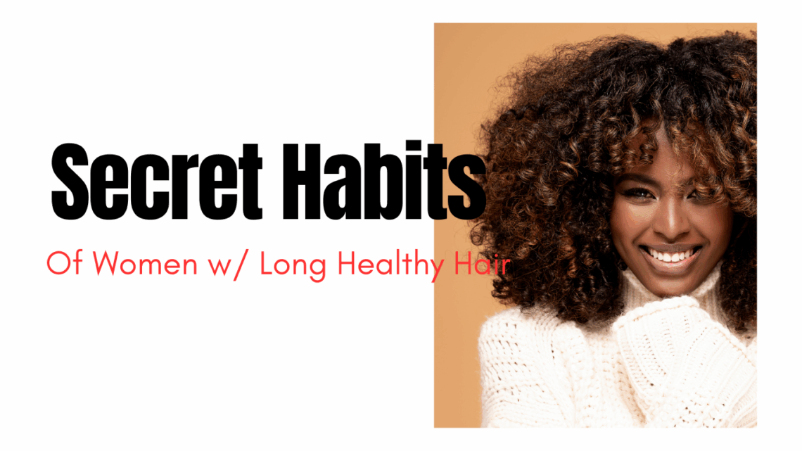 Black woman with long curly healthy hair smiling in a white sweater with a bronze colored background