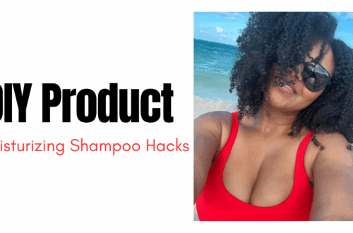 black woman with naturally curly hair at the beach wearing a red bathing suit and sunglasses on a website banner about moisturizing shampoo hacks.